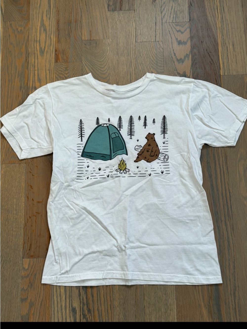 Eldon Kids White Camping Graphic Tee with Teal Tent Size L